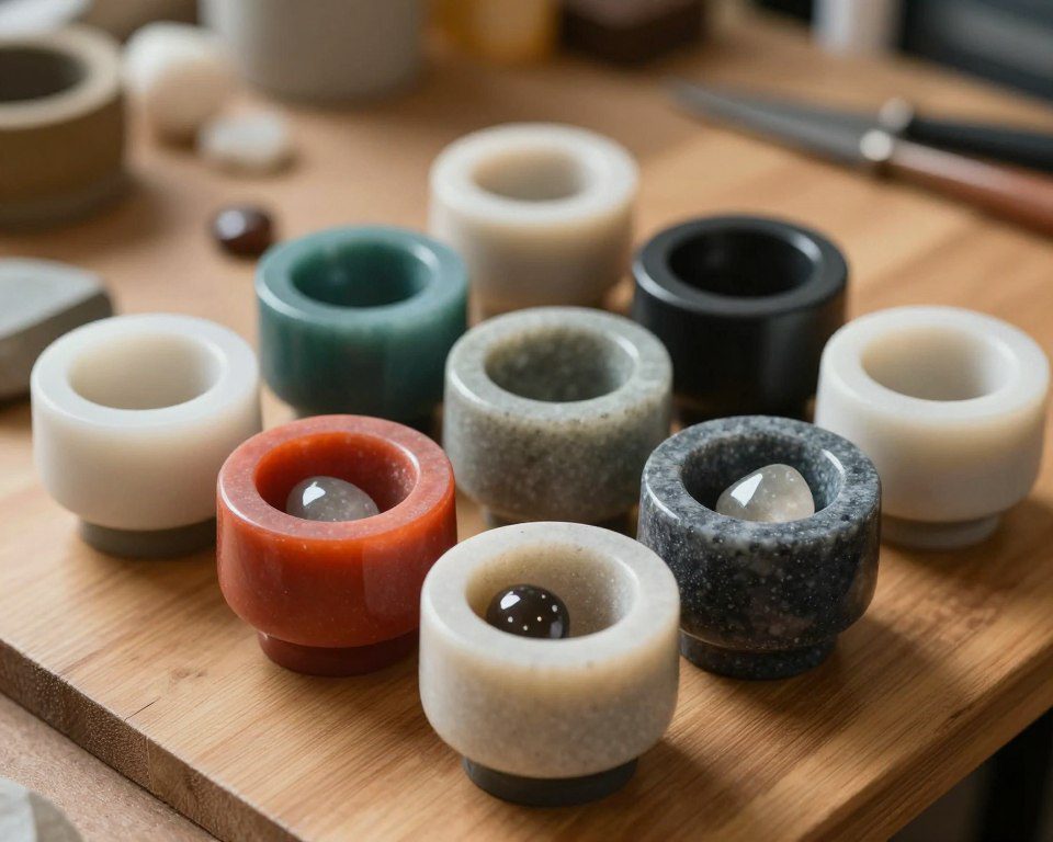 A close-up shot of a variety of high-quality rock tumblers arranged on a wooden table, showcasing different shapes and sizes. The tumblers should feature sleek, modern designs with vibrant colors and textures that highlight their functionality. In the foreground, include a couple of shiny, polished gemstones partially inside one of the tumblers to emphasize the tumbling process. The background should be softly blurred, hinting at a workshop environment with tools and raw stones. Use warm, soft lighting to create an inviting atmosphere, and a slight top-down angle to capture the tumblers' details while maintaining focus on their craftsmanship.