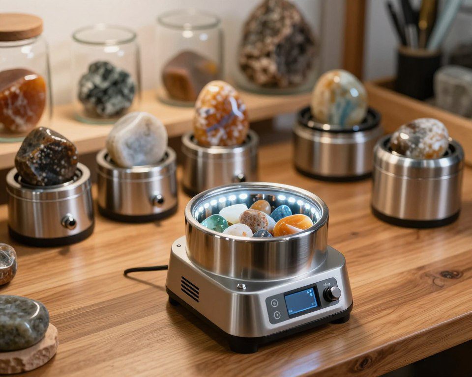 A highly detailed rock tumbler machine set on a polished wooden workbench, showcasing various polished stones in different stages of tumbling. In the foreground, a close-up of the tumbler reveals its metallic body glistening under bright LED lights, with intricate controls and a clear window displaying vibrant stones inside. In the middle ground, a collection of different-sized rock tumblers are arranged neatly, each exhibiting distinct designs and features. The background features natural rock samples displayed in elegant jars, illuminated by soft ambient lighting that casts gentle shadows, creating a warm and inviting atmosphere. The image captures the essence of craftsmanship and dedication to rock polishing, emphasizing clarity and detail for article relevance.