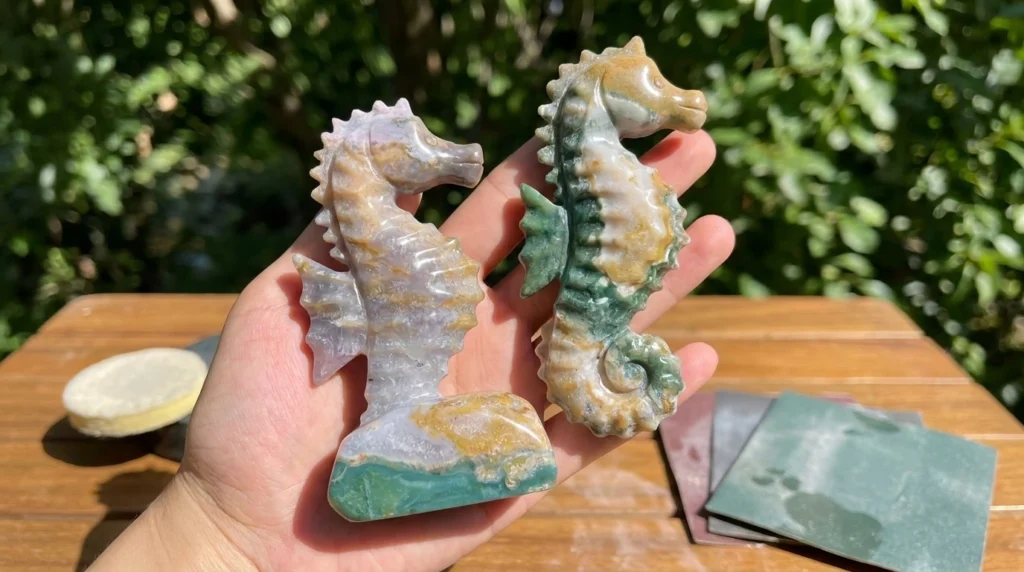 Two polished green and pale stone seahorses held above an outdoor workbench