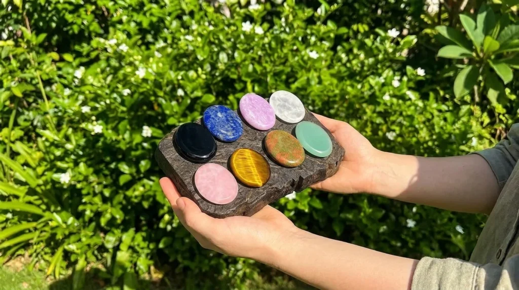 Ten polished oval worry stones in black, blue, pink, purple, clear, gold, and green, arranged on a wooden board held in two hands