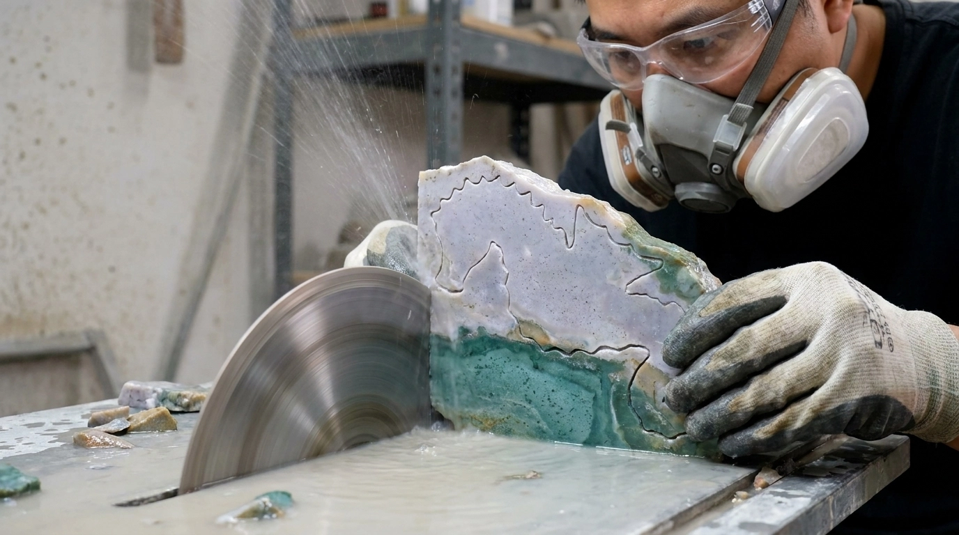 A lapidary saw cutting a marked stone slab with water at the blade