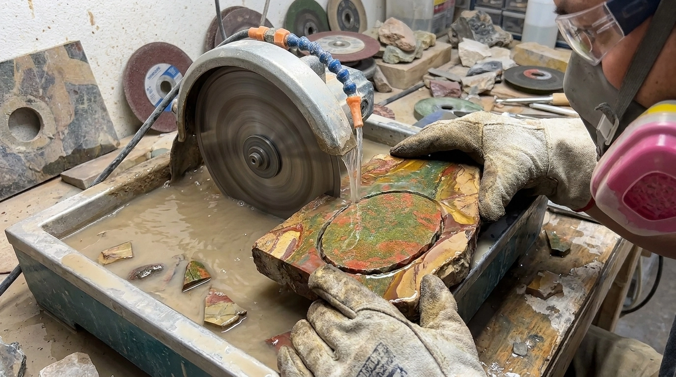 A worker wearing goggles and a respirator holding a marked green and orange stone slab beside a wet lapidary saw