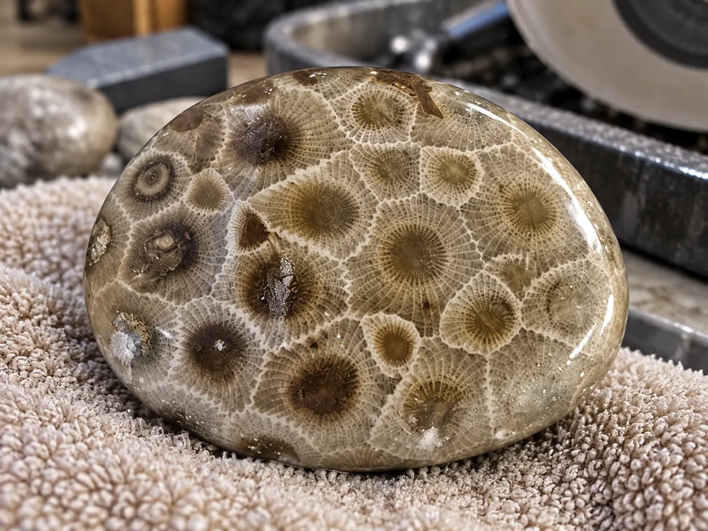 Finished hand polished Petoskey stone showing clear fossil coral pattern
