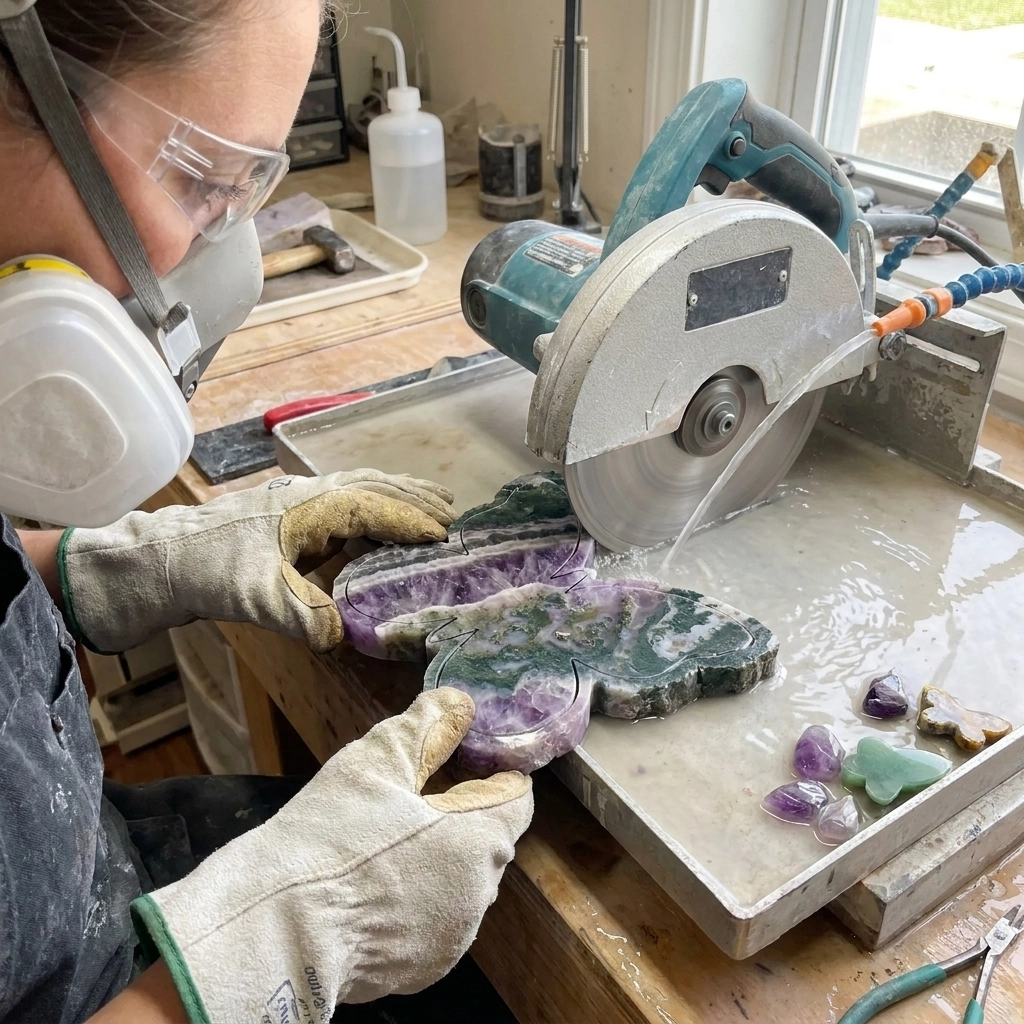 A worker holding a marked green and purple stone slab beside a saw blade above a wet cutting tray