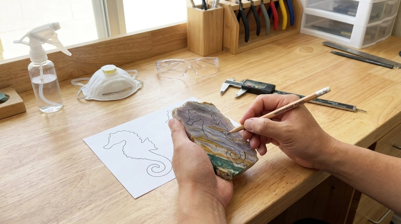 Hands tracing a seahorse outline onto a stone slab beside a paper template and measuring tools