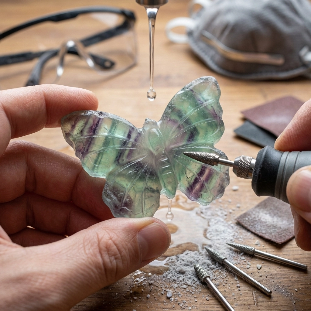 A rotary diamond bur beside a green and purple stone butterfly with engraved wing veins