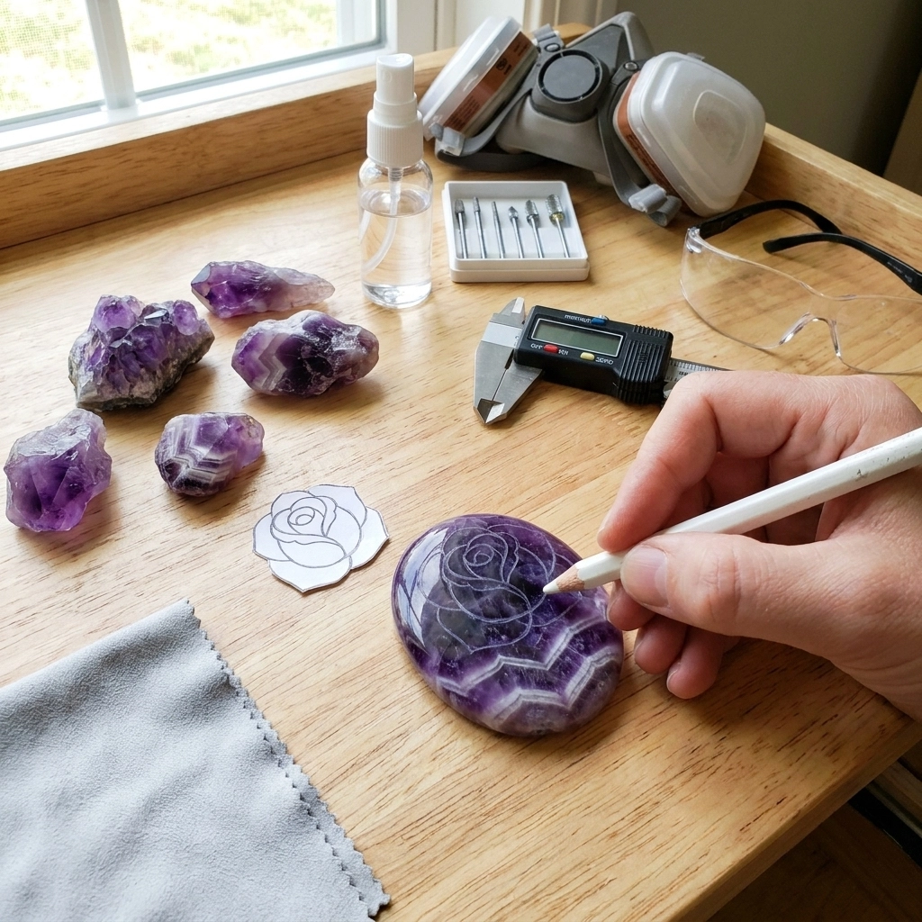 Amethyst Rose Carving. A hand drawing a rose outline on purple banded stone beside amethyst rough, a paper template, calipers, diamond burs, and protective equipment