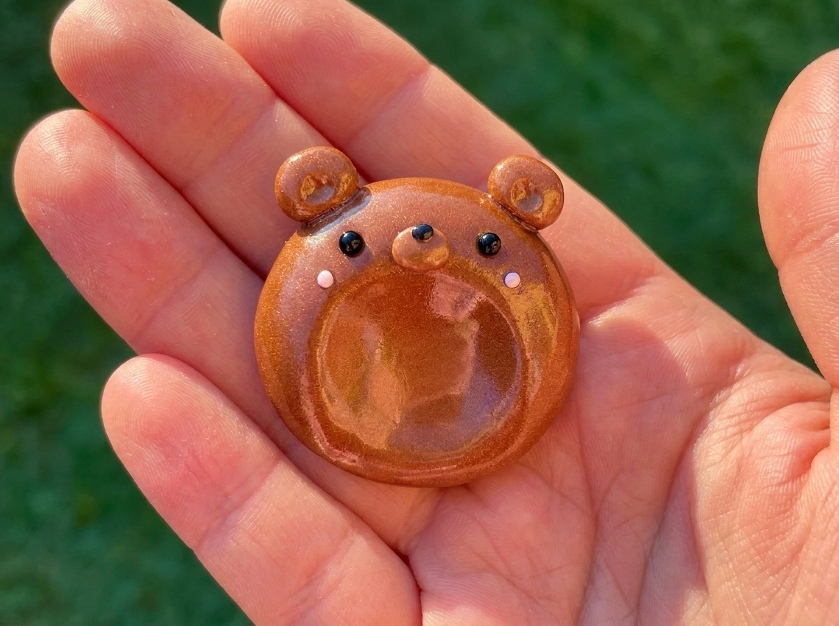 Copper-Brown Bear Polymer Clay Worry Stone Copper-brown bear polymer clay worry stone with round ears and a smooth thumb hollow held on a palm