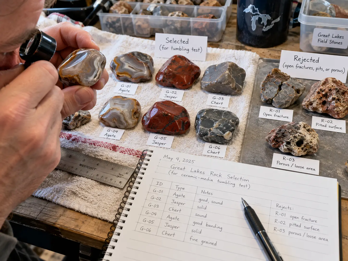 Measuring ceramic tumbling media and small rock filler for a controlled Great Lakes rock tumbling test