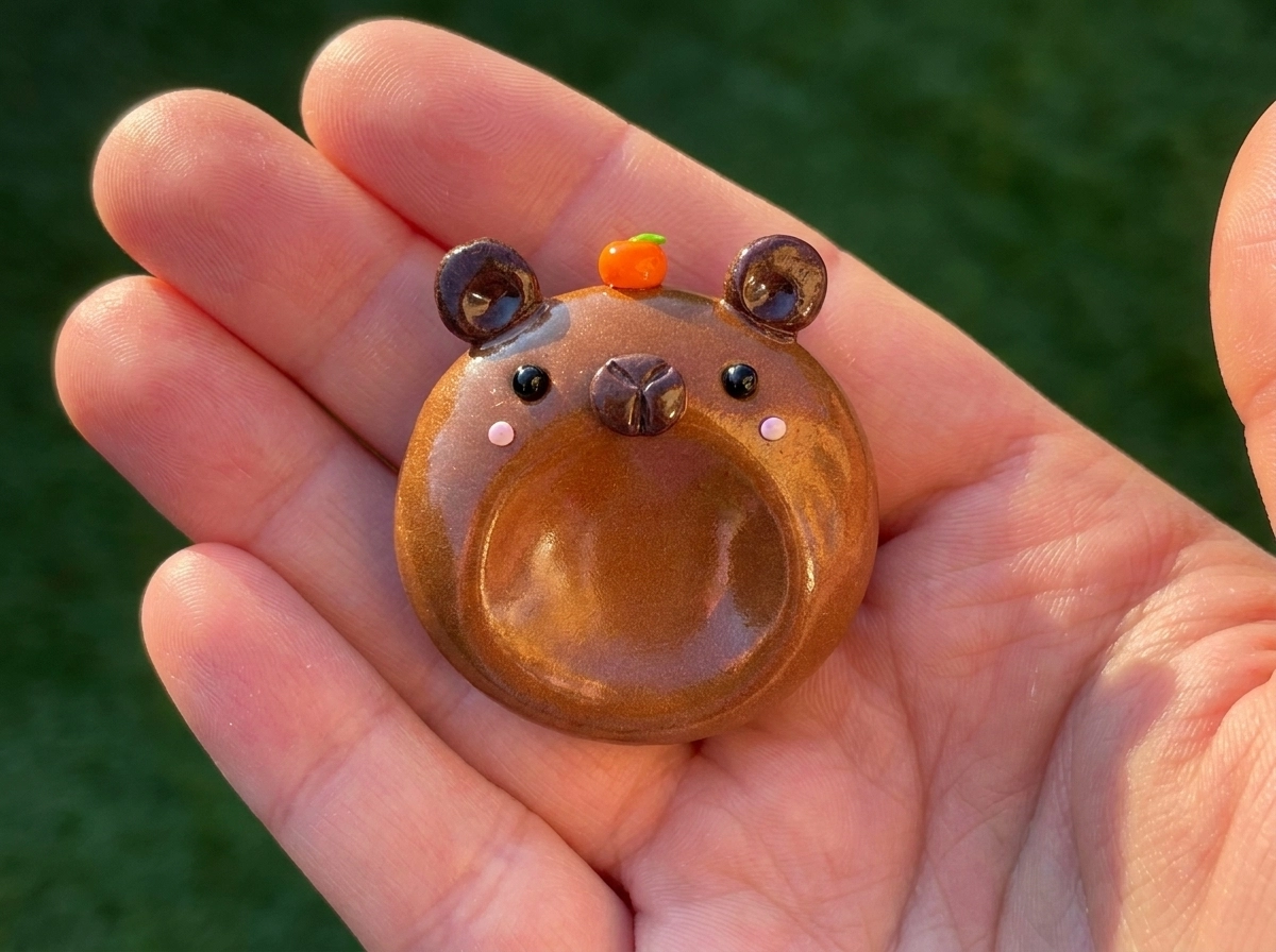 Capybara Polymer Clay Worry Stone with Tiny Orange Brown capybara clay worry stone with dark round ears and a tiny orange fruit on its head, held on a palm