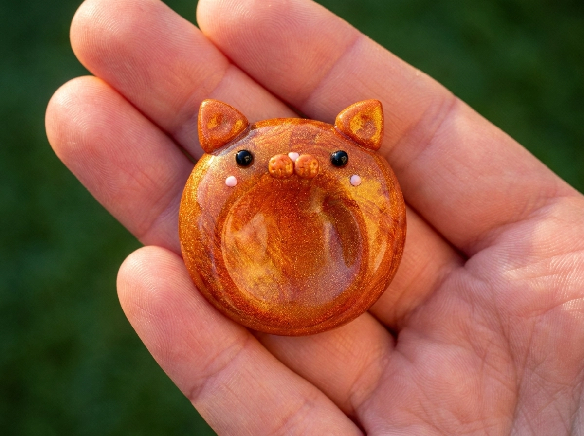 Metallic Orange Cat Polymer Clay Worry Stone Shimmery orange cat clay worry stone with triangular ears, pink cheeks, and a thumb hollow on a palm