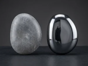 A side-by-side comparison of a dull, hazy tumbled stone with visible scratches versus a perfectly polished, mirror-like gemstone