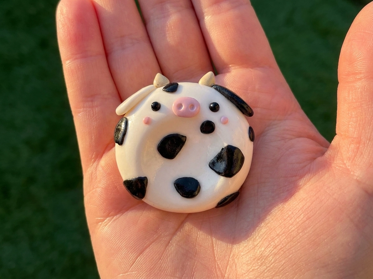 Black-and-White Cow Polymer Clay Worry Stone White cow polymer clay worry stone with black patches, cream horns, and a pink snout on a sunlit palm