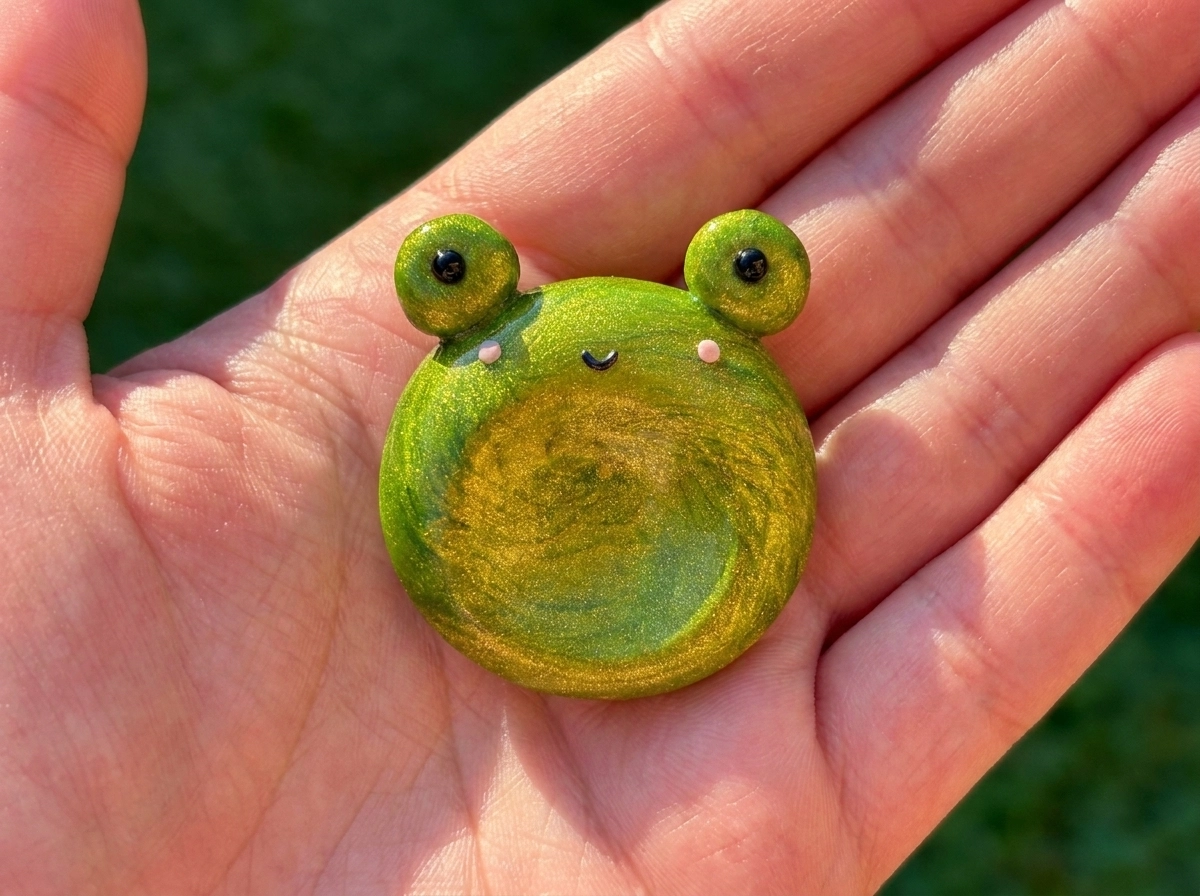 Shimmery Green Frog Polymer Clay Worry Stone Green and gold frog clay worry stone with raised eyes, a small smile, and a thumb hollow on a sunlit palm