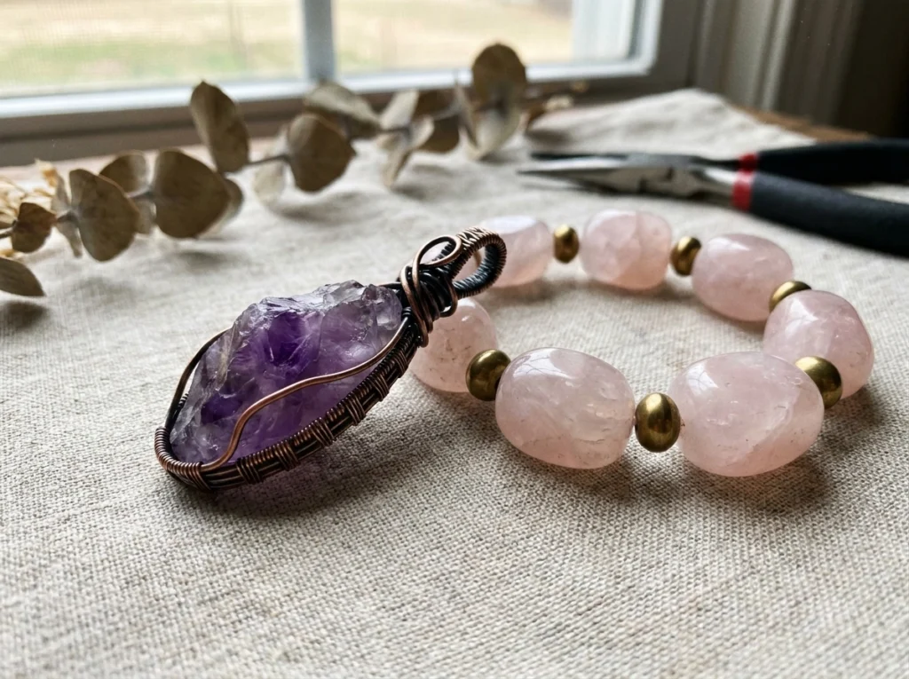 Close-up of wire-wrapped tumbled stone jewelry including an amethyst pendant and rose quartz bracelet on a natural linen background