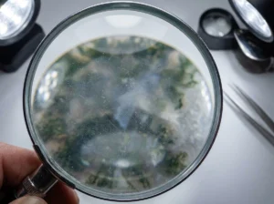 Using a magnifying glass to inspect the surface of a tumbled rock for micro-scratches and haze during the diagnostic process