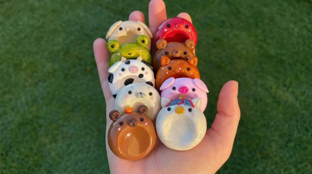 DIY clay worry stones in all ten animal designs, illustrated on a linen surface