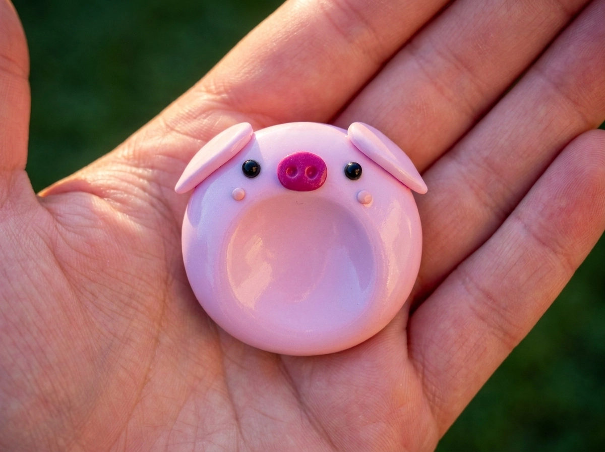 Pale Pink Pig Polymer Clay Worry Stone Pale pink pig clay worry stone with floppy ears, a magenta snout, and a thumb hollow resting on a palm