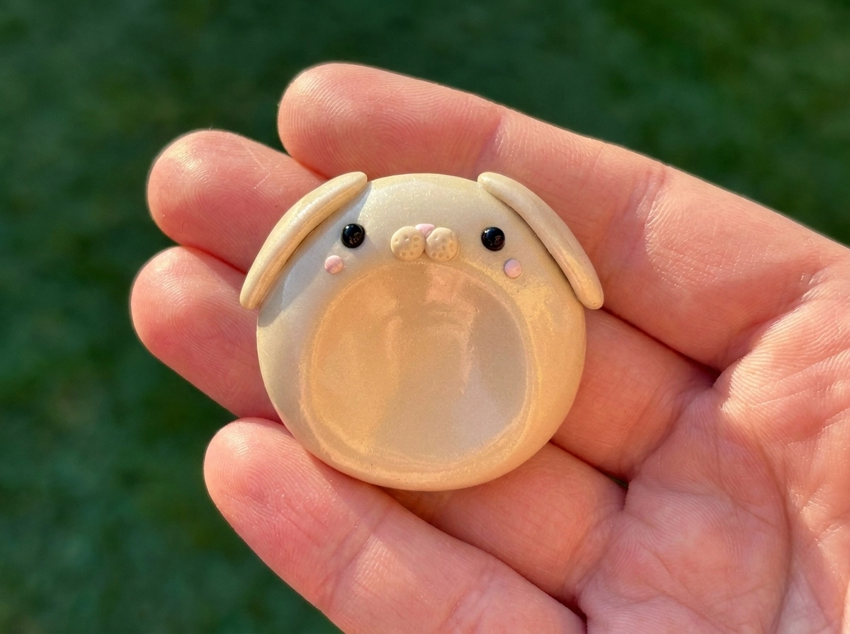 Cream Bunny Polymer Clay Worry Stone Cream bunny polymer clay worry stone with floppy ears and a thumb hollow resting on a sunlit palm