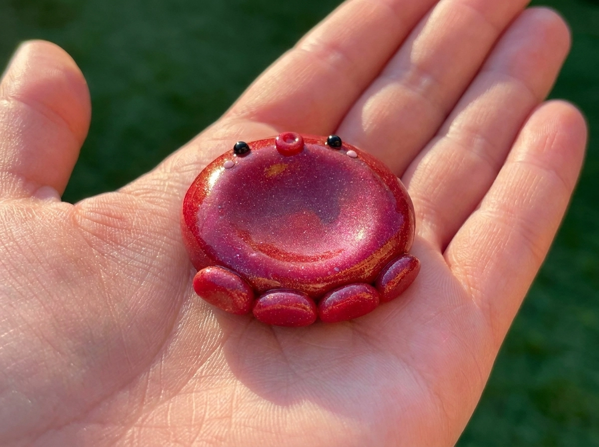 Ruby-Red Octopus Polymer Clay Worry Stone Red and magenta octopus clay worry stone with four short tentacle pads and a thumb hollow on an open palm