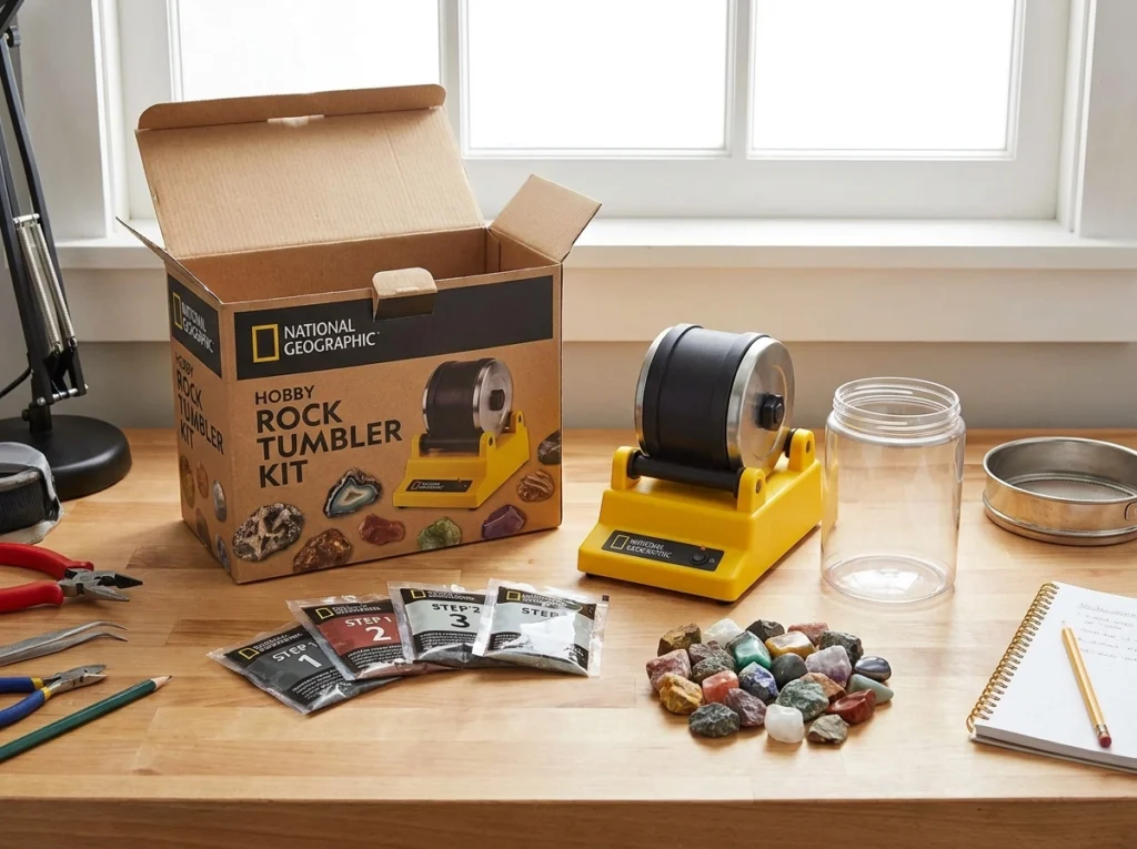 Overview of the National Geographic Hobby Rock Tumbler kit contents including the motor base, leak-proof barrel, rough stones, and silicon carbide grit packets.