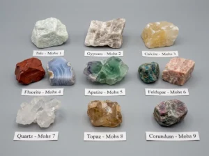 Studio photograph of common tumbling rocks like Quartz and Jasper with labels indicating their Mohs scale hardness levels for educational reference.