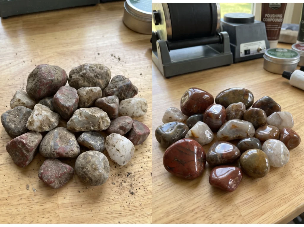 Side-by-side comparison of rough natural stones versus polished gemstones demonstrating the rock tumbling transformation process.