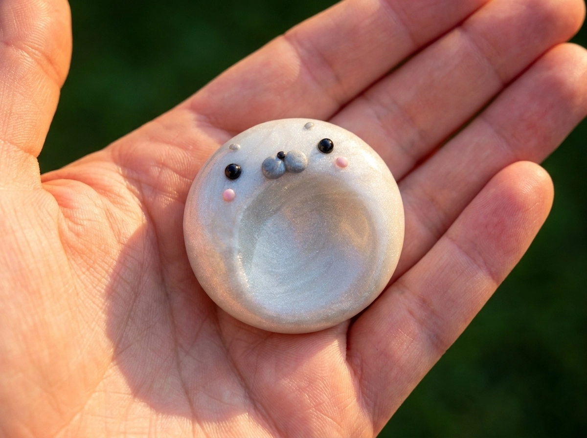 Pearly Silver Seal Polymer Clay Worry Stone Pearl-white seal polymer clay worry stone with gray muzzle pads and a shallow thumb hollow on a palm