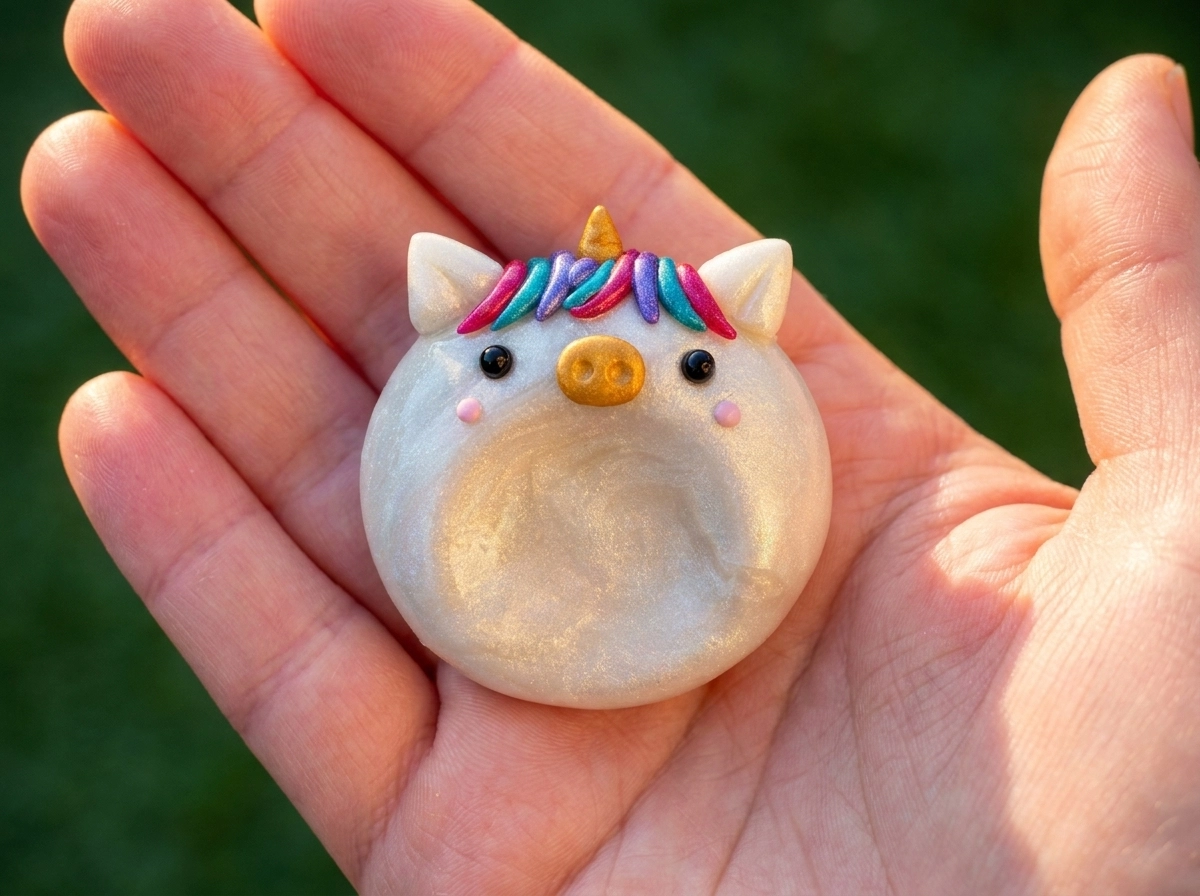 Pearl Unicorn Polymer Clay Worry Stone Pearl-white unicorn clay worry stone with a gold horn and a colorful mane resting on a sunlit palm