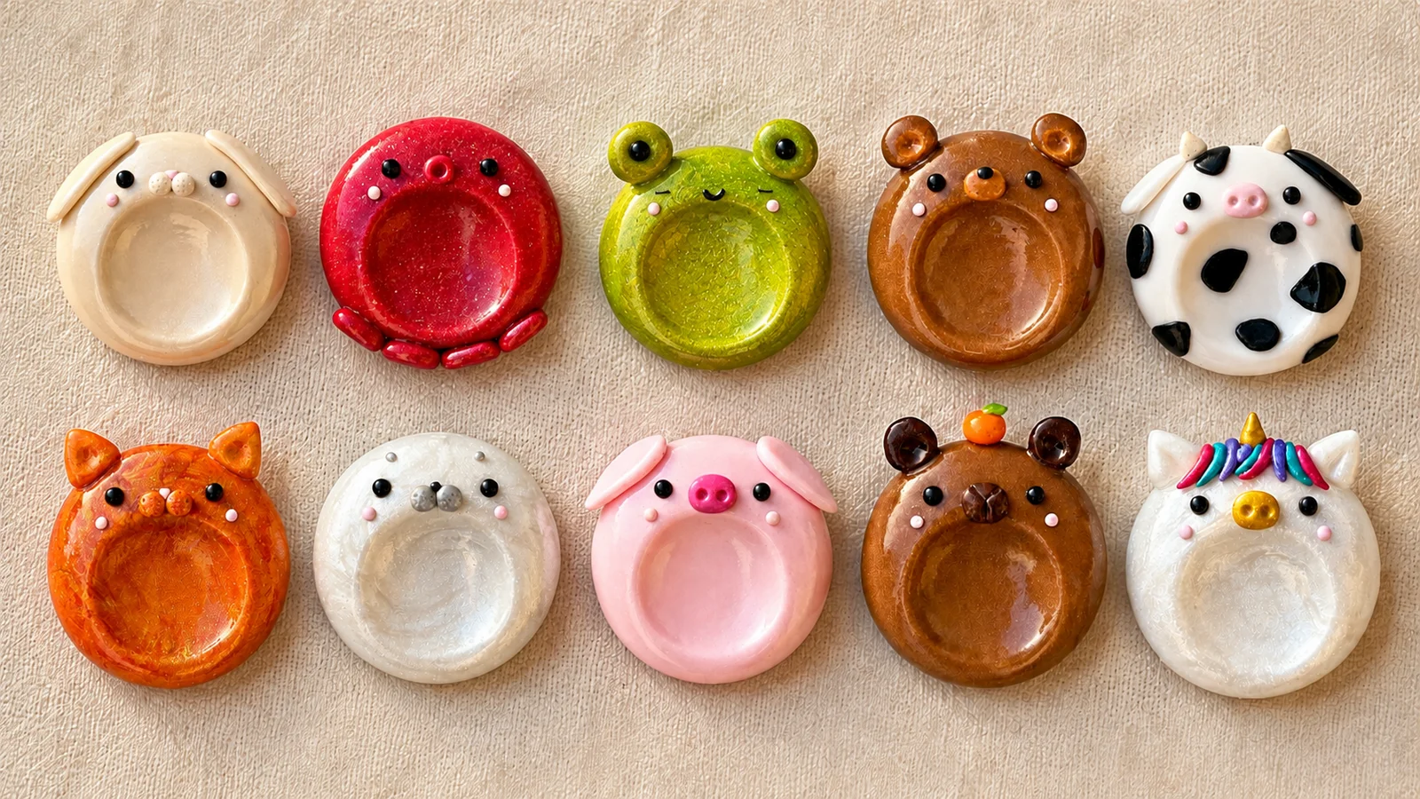 DIY clay worry stones in all ten animal designs, illustrated on a linen surface
