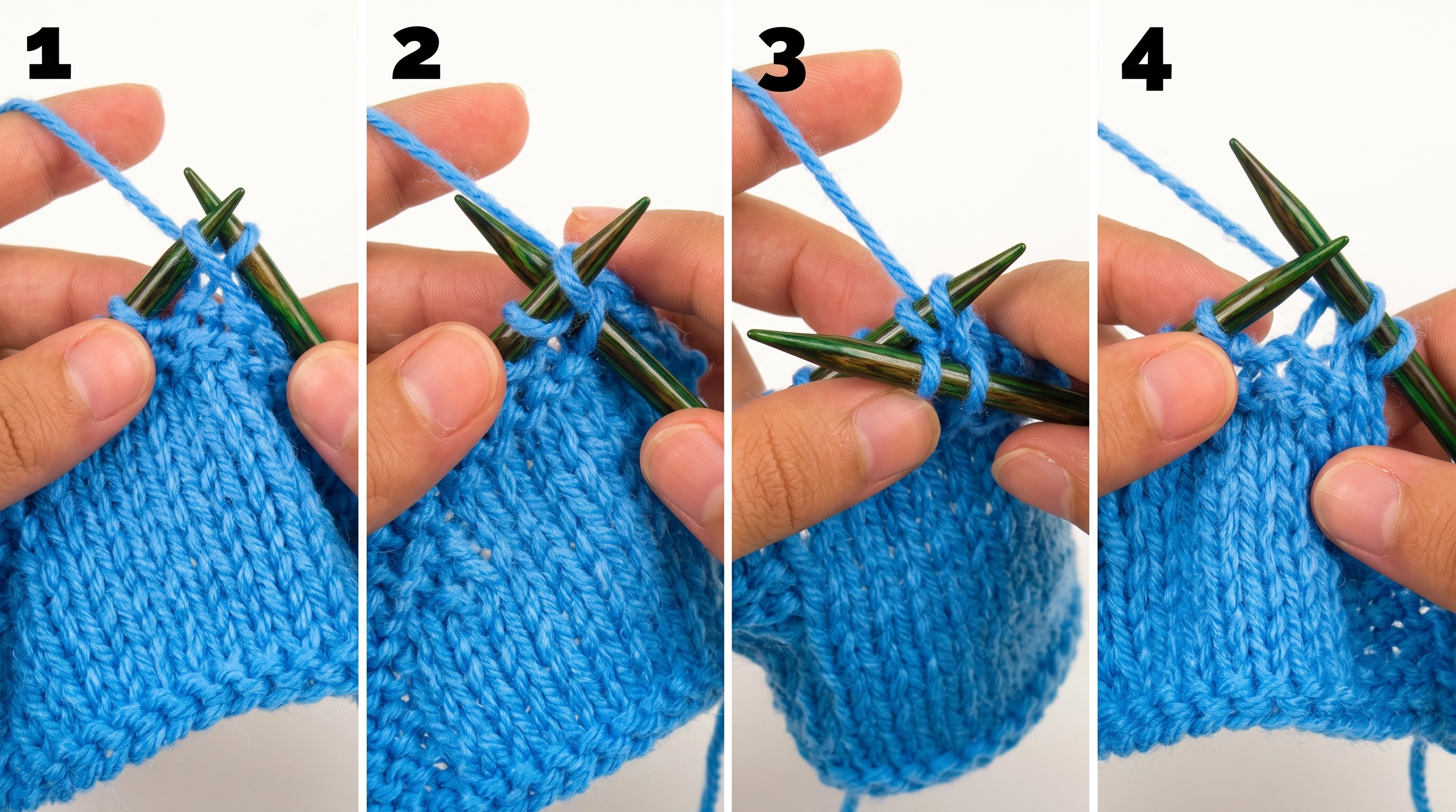 A cozy, well-lit workspace featuring a close-up view of a pair of hands expertly securing the tail of a colorful yarn at the edge of a knitted piece. The foreground showcases the hands, adorned with simple yet elegant rings, gently weaving the yarn through the last stitch, creating a neat finish. In the middle, a vibrant knitted swatch, displaying various stitch patterns, lies on a soft wooden table, alongside a pair of scissors and a yarn needle. The background is softly blurred, hinting at additional knitting supplies, such as a skein of yarn and a small basket. The warm, natural lighting enhances the inviting atmosphere, suggesting a moment of focus and satisfaction in the crafting process. The angle captures the delicate details of the yarn and the tactile nature of the work being done.