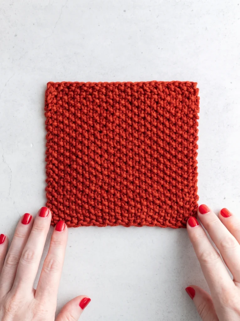 Rust-orange seed-stitch swatch held flat by two hands