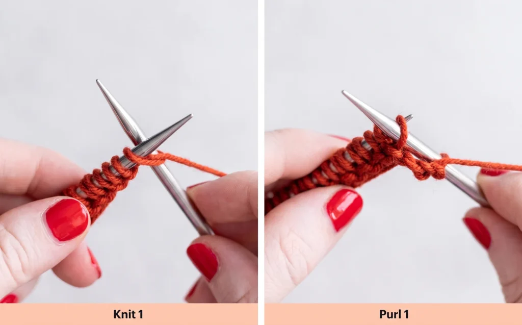 Two close-up panels showing a knit stitch and a purl stitch on silver needles