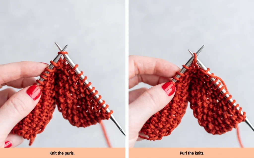 Two panels showing knitting a purl bump and purling a knit stitch in seed stitch