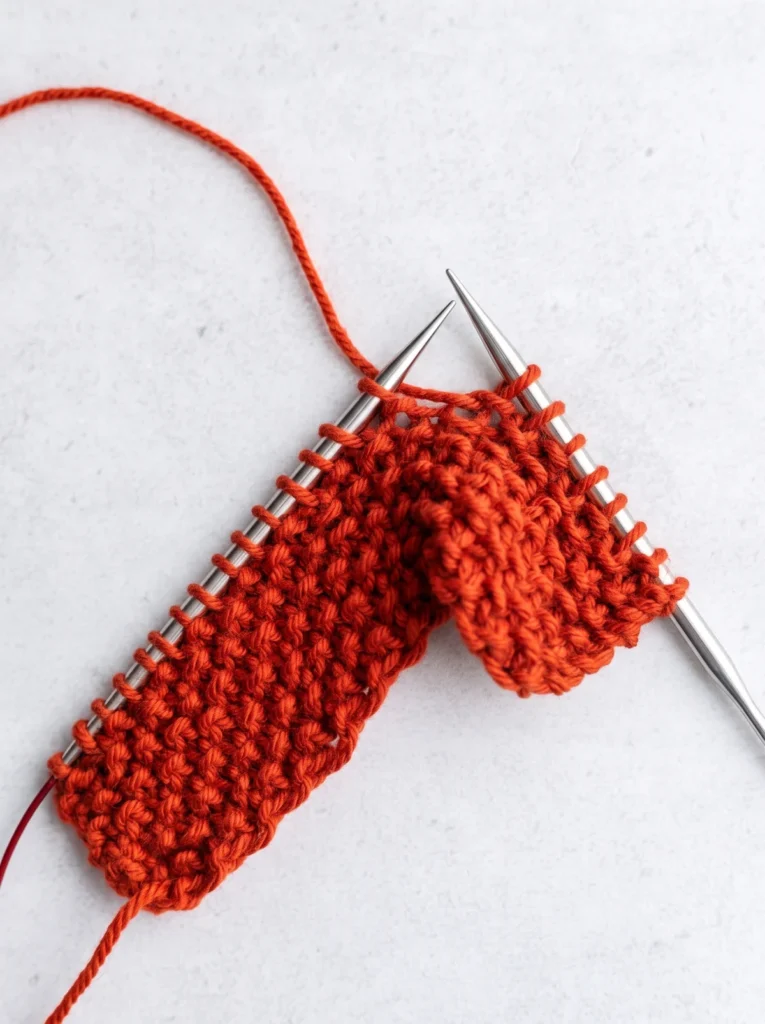 Rust-orange seed-stitch swatch being worked on silver knitting needles